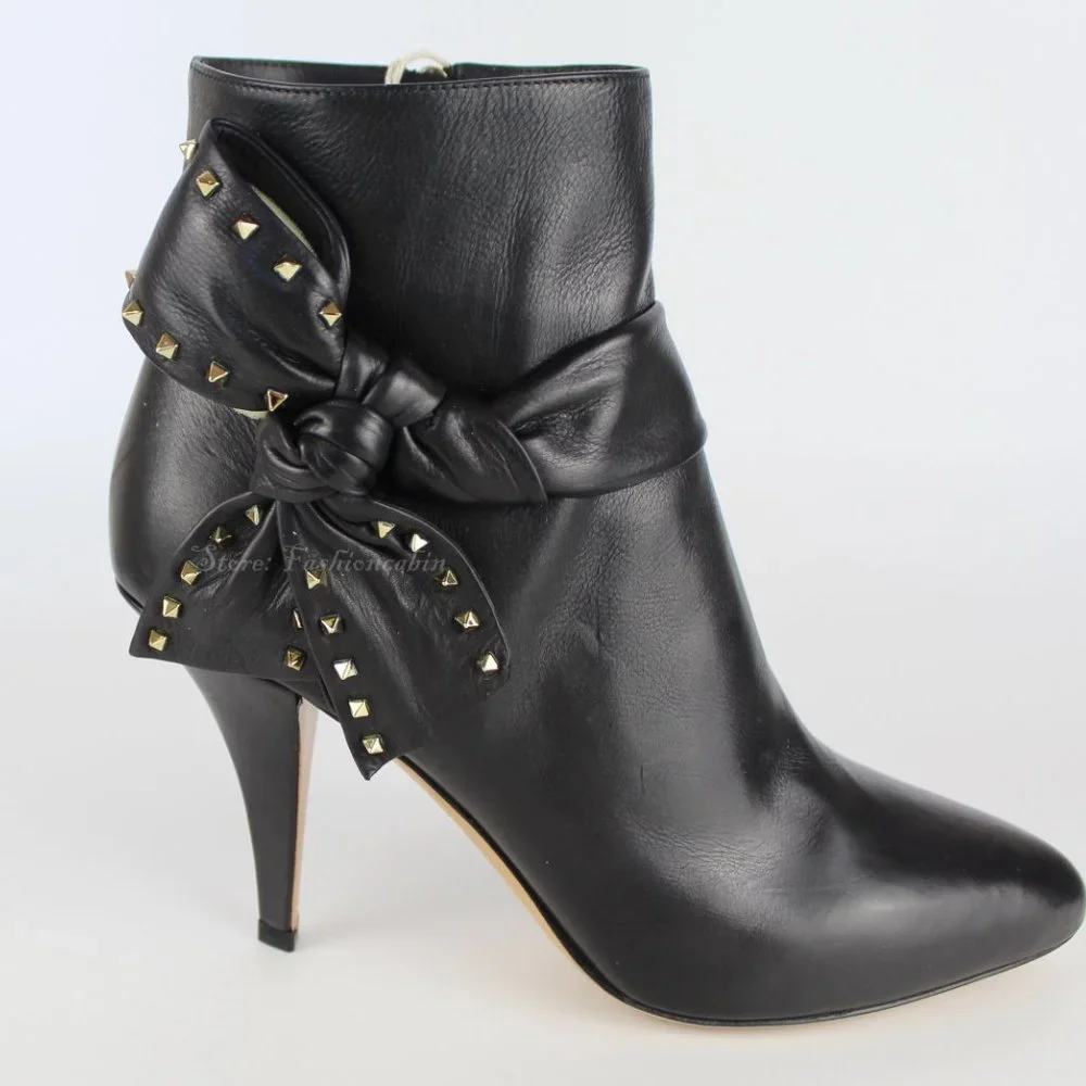 NEW Valentino Garavani Rockstud Leather Boots, Black, EU 38.5, Zip Closure, Bow